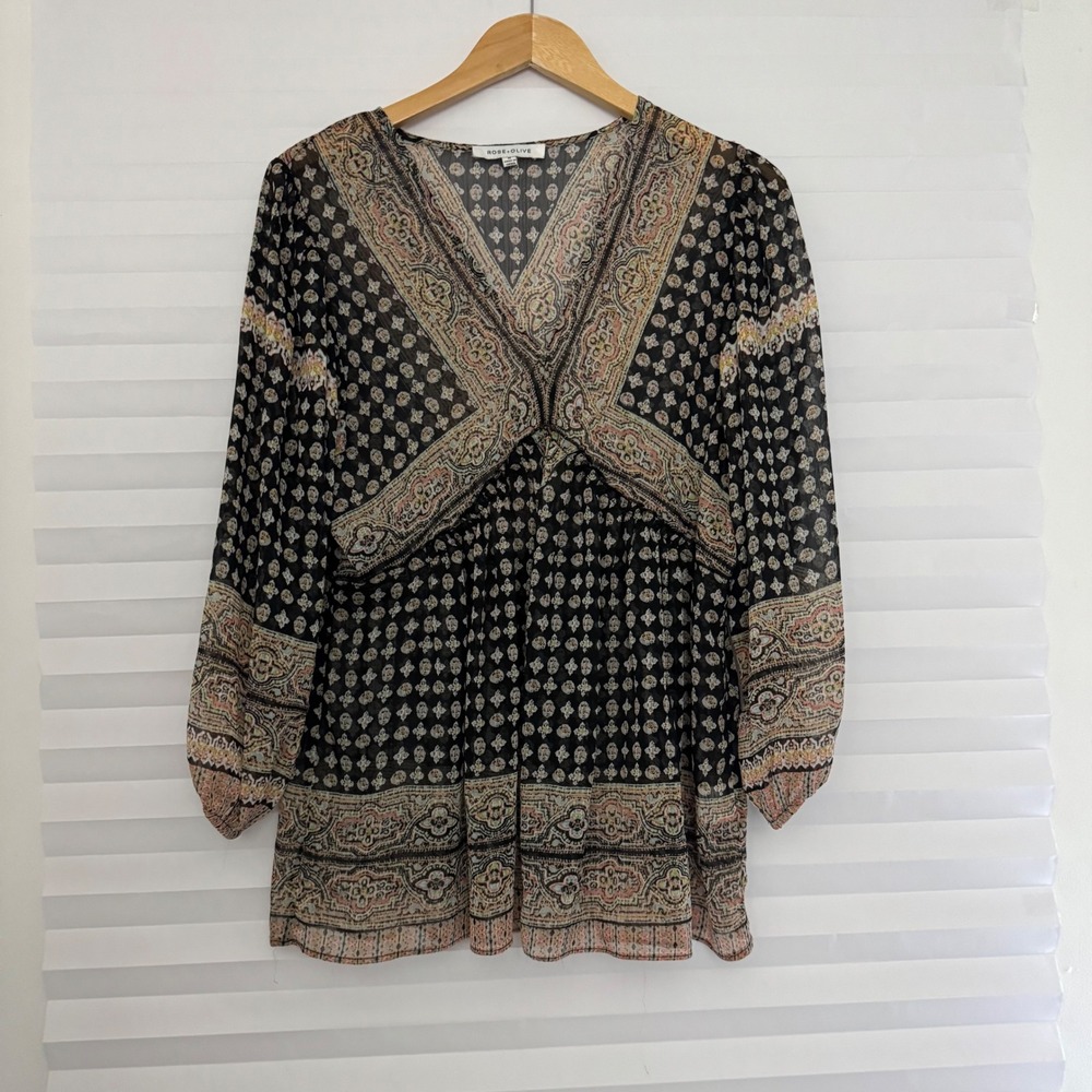 Rose + Oliveโ Boho Paisley Sheer Babydoll Top Metallic Gold Lurex M Cottagecore